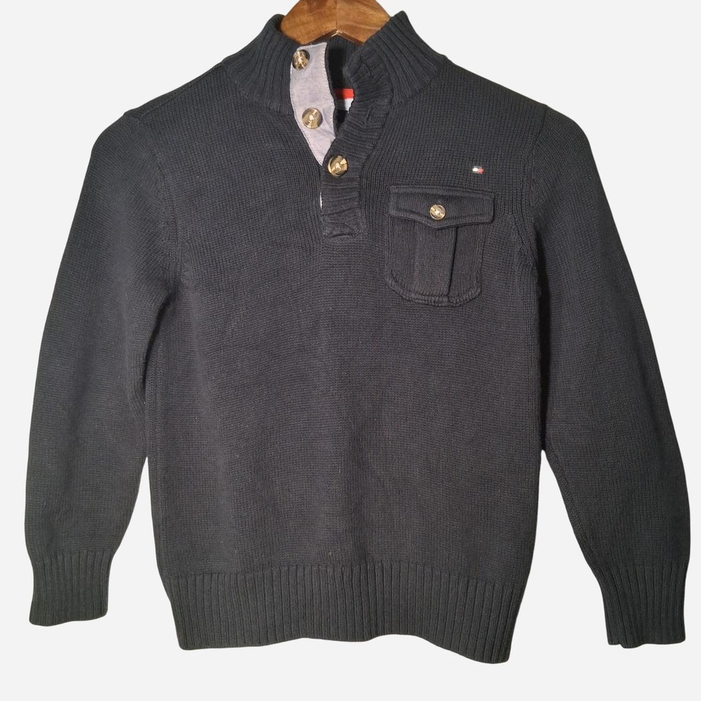 Boys Tommy Hilfiger navy blue kids sweater with gold buttons and pockets